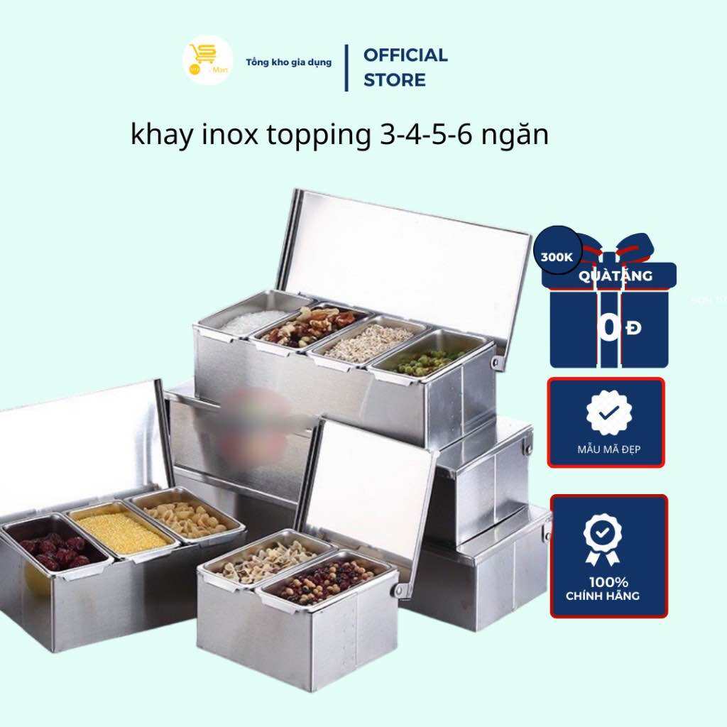 Khay Topping Inox 3-4-5-6 Ngăn, Khay Đựng Gia Vị, Đựng Thạch Trà Sữa ( Hộp Dài ) Inox Sáng Bóng, Tiết Kiệm Diện Tích | MTA-MART