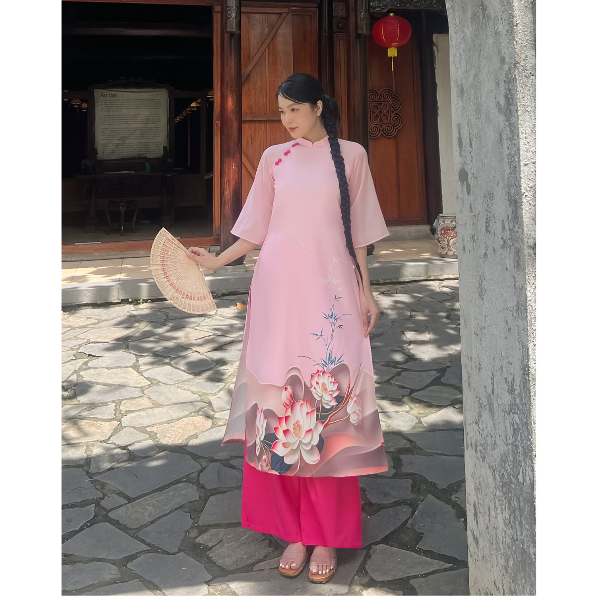 Áo dài cách tân dáng suông in 3D tay ánh kim dành cho nữ AD032
