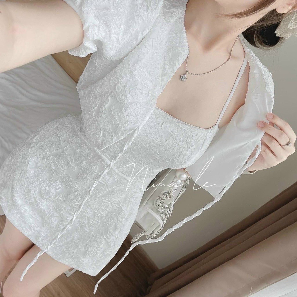Set đầm 2 dây có mút kèm áo khoác tay ngắn chất vải gấm pnt shop