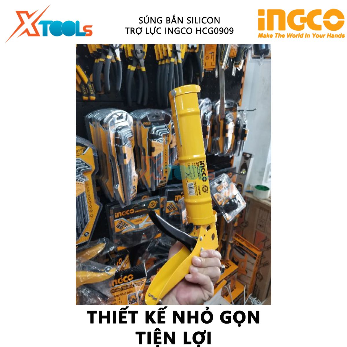Súng bơm keo silicon có trợ lực INGCO HCG0909 | dụng cụ bơm silicon Kích thước 9" (225mm) Thân nhôm hợp kim XTOOLs