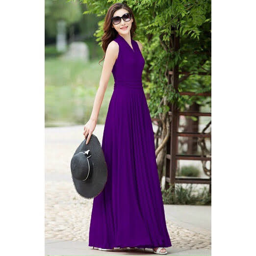 Đầm xòe dài cổ choàng, đầm maxi đi biển