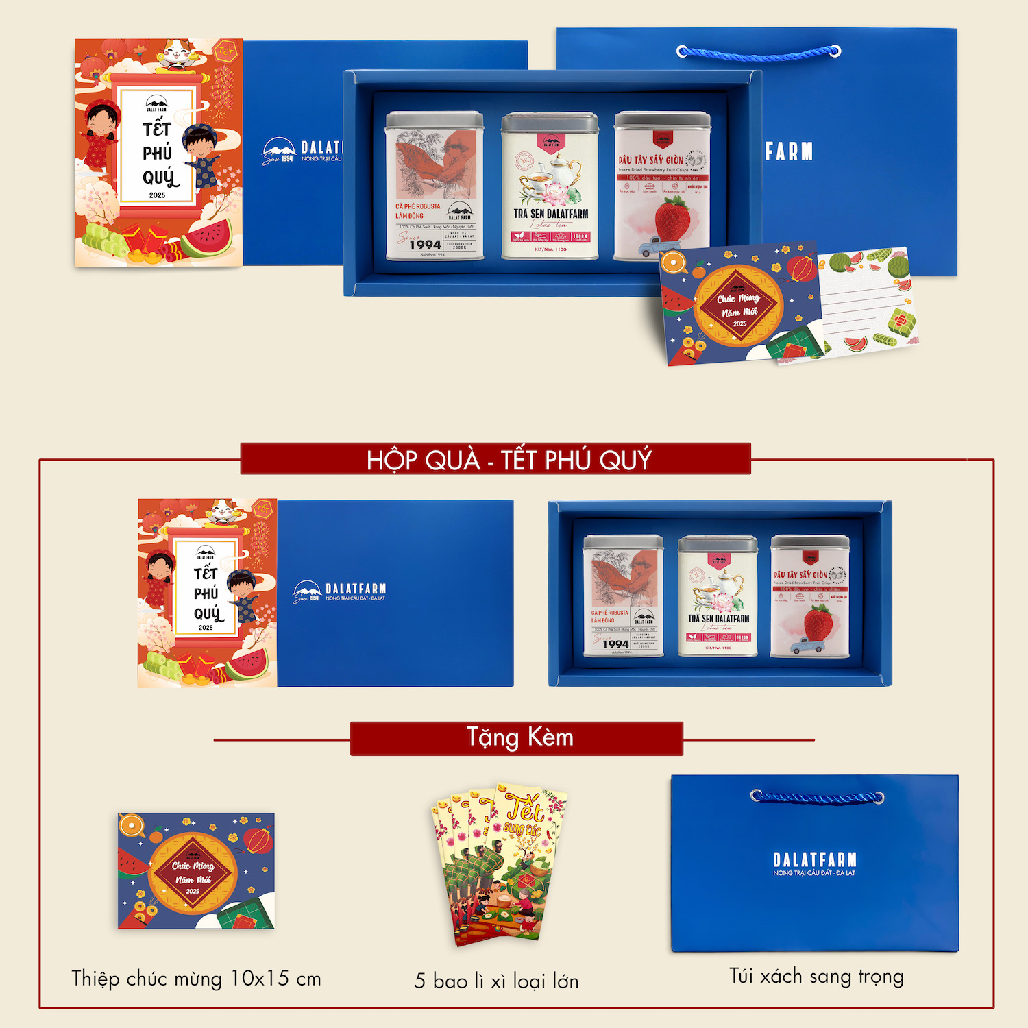 Phu Quy Tet Gift Box (Lotus Tea - Robusta Coffee - Crispy Dried Strawberries)