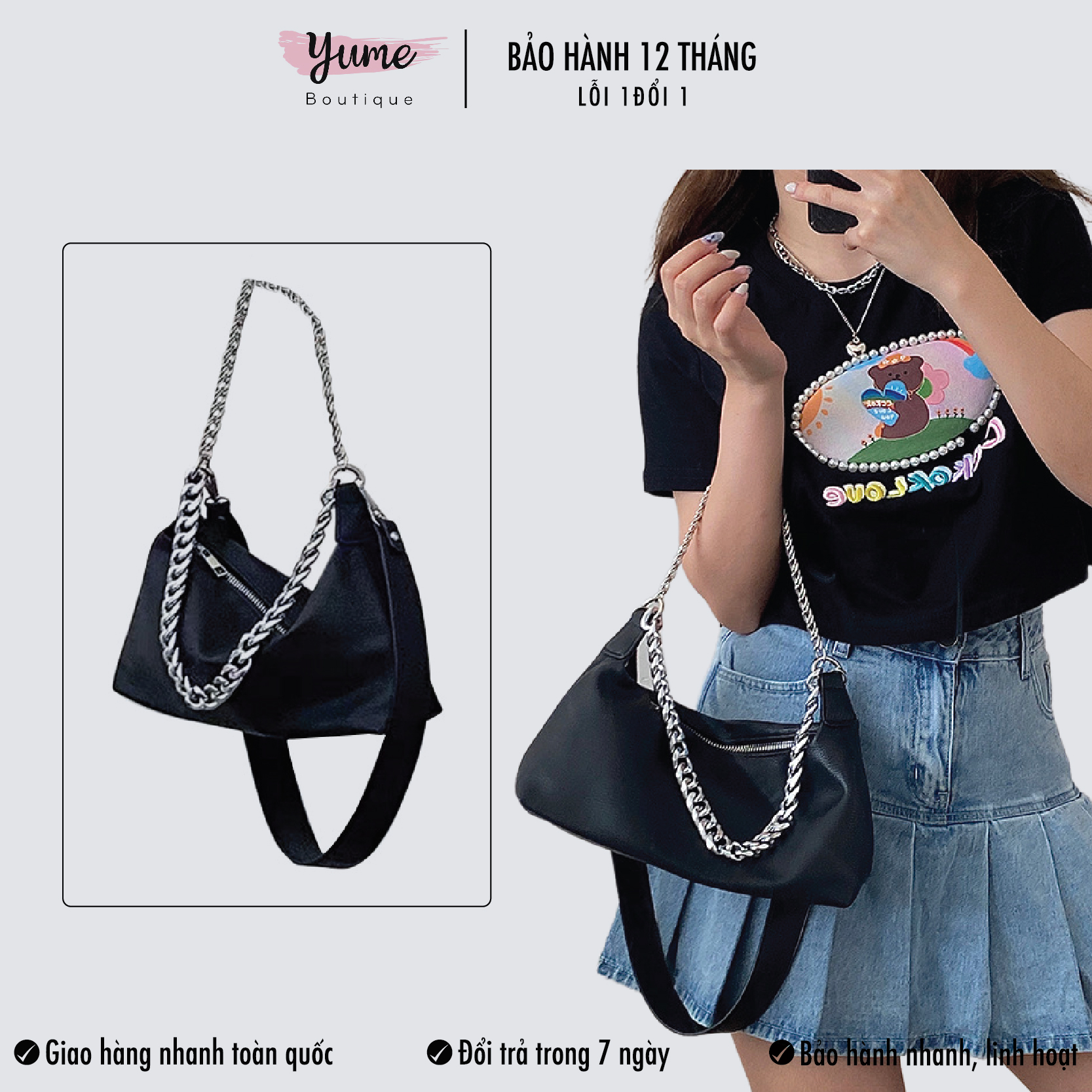 Túi xách nữ đeo chéo kẹp nách phối dây xích thời trang cá tính hàng qc loại 1 yu157