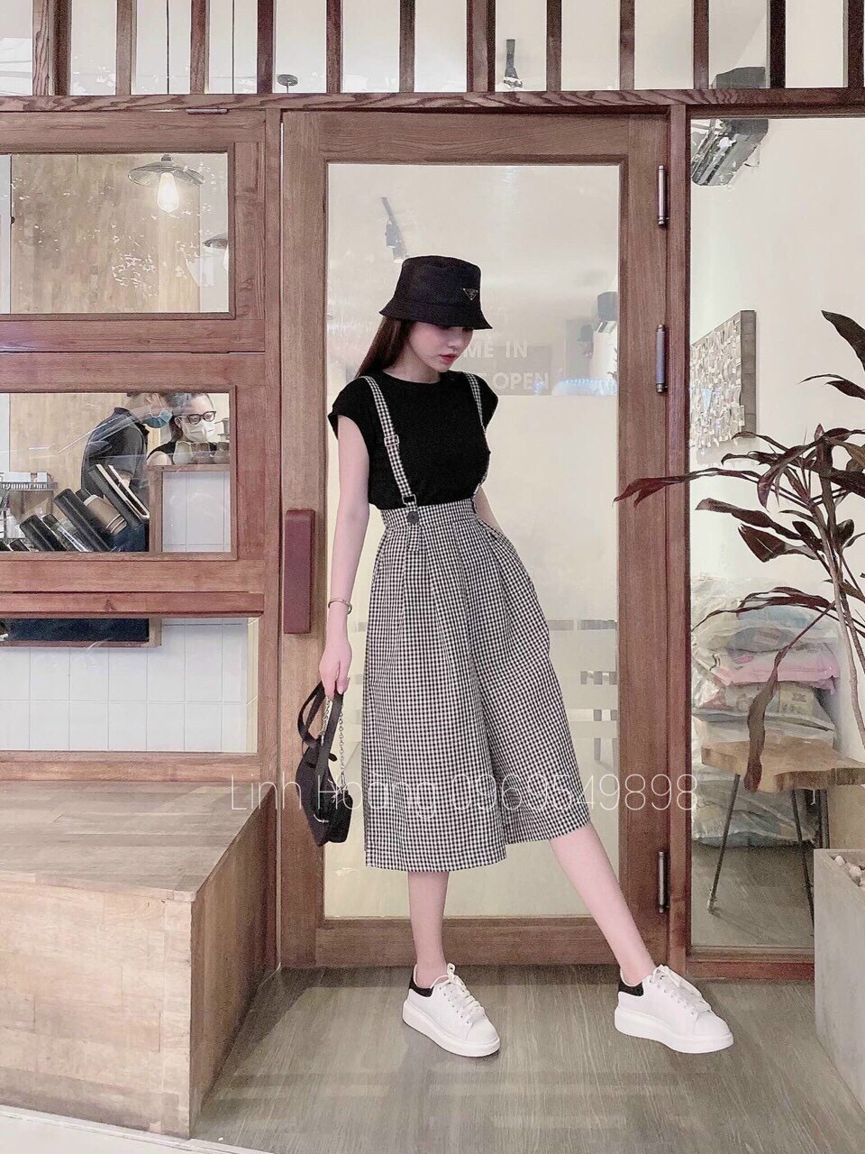 Set yếm áo thun trơn yếm caro lửng xếp ly ống rộng