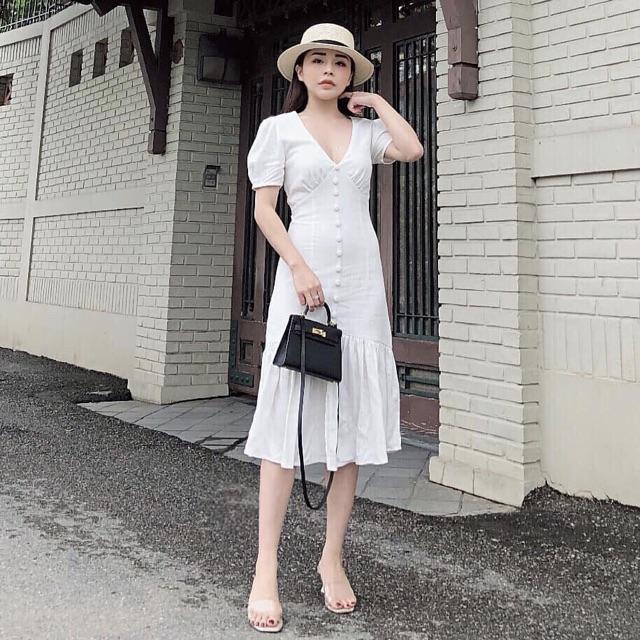 [HCM]Đầm đuôi cá nút bọc 2 màu (kèm hình thật)