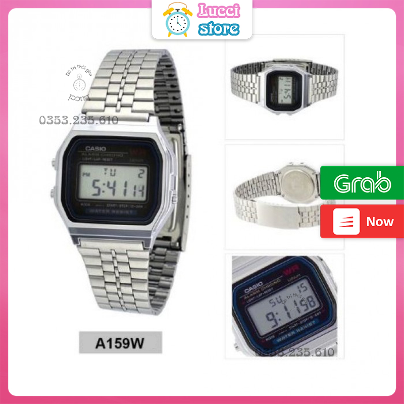 Đồng hồ casio điện tử A159, đồng hồ nam nữ dây thép không gỉ cao cấp full box thiếc