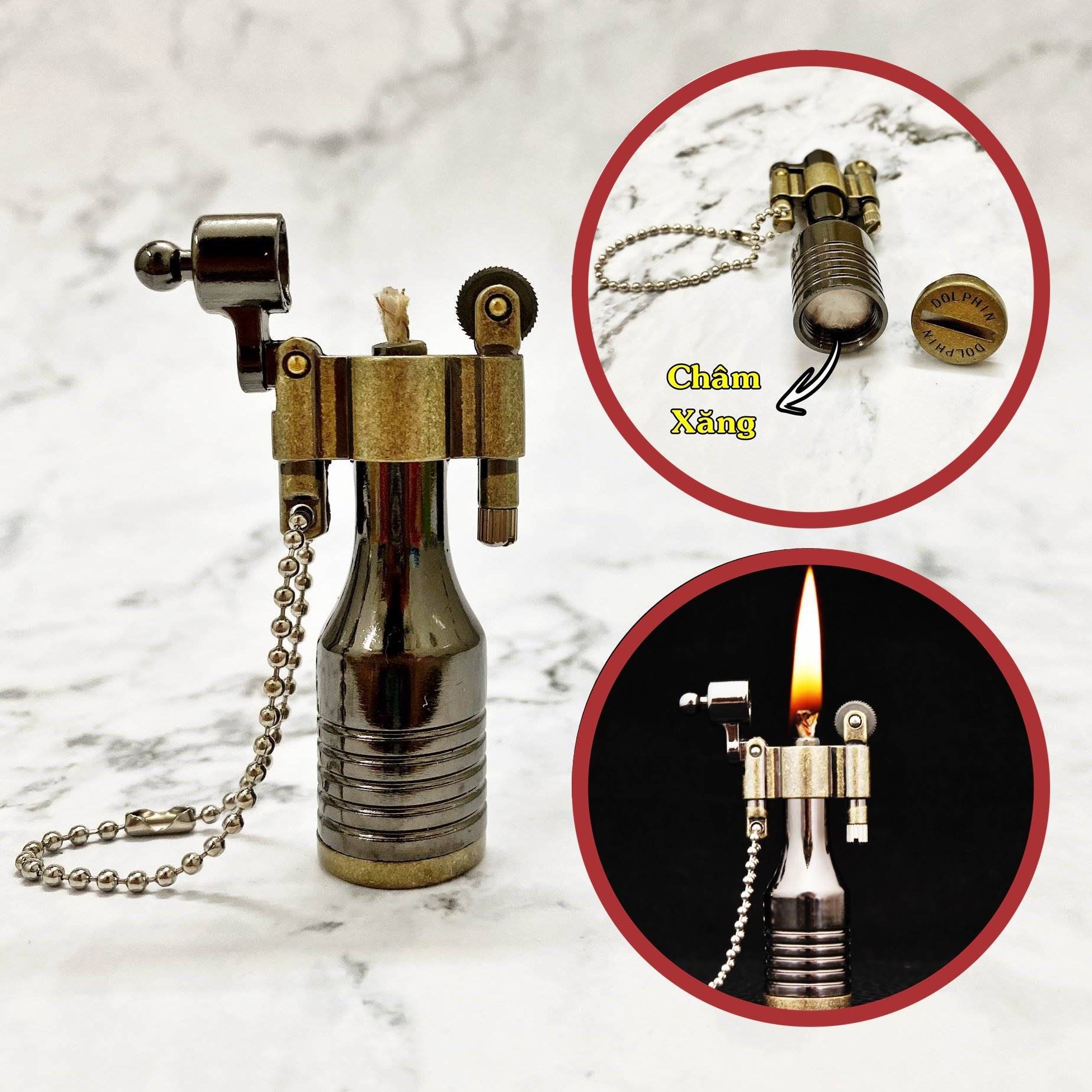 BẬT LỬA - MÓC KHÓA DOLPHIN XĂNG ĐÁ CỔ HÌNH CHAI RƯỢU (KIM LOẠI) - (XÀI XĂNG)