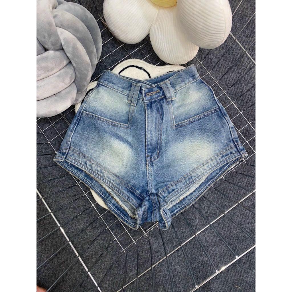 Quần Short Nữ Jean Lưng Cao Basic Lai Kiểu