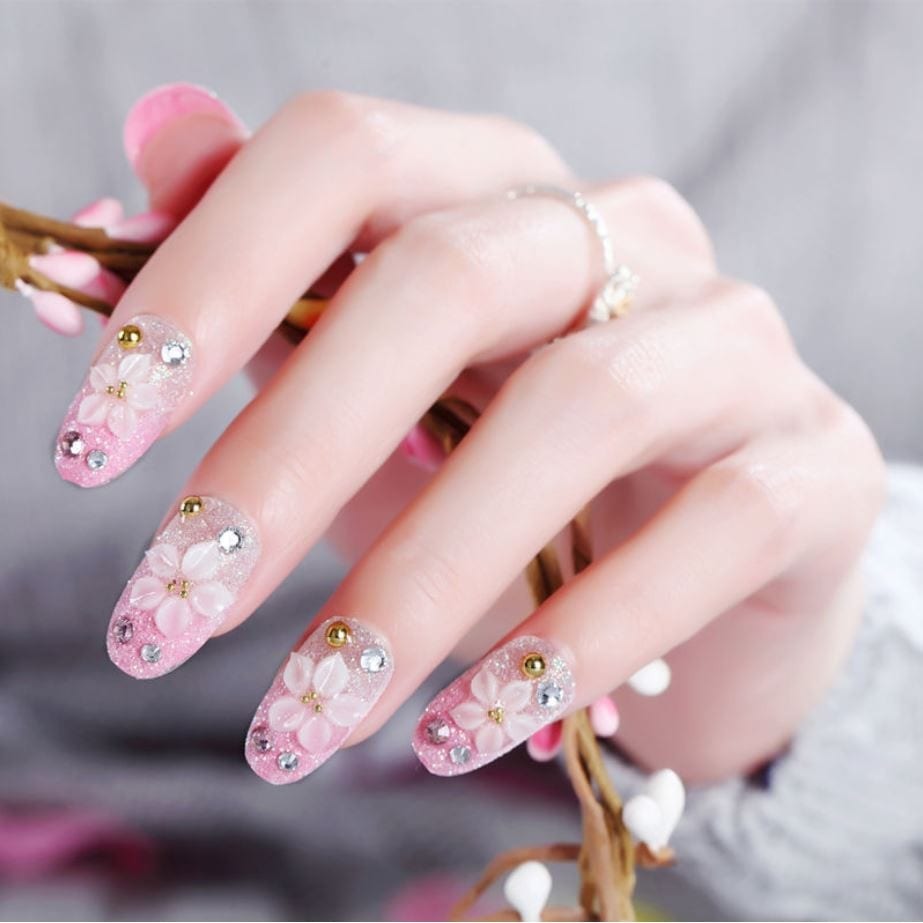 Bộ 24 Móng tay giả Hồng Đính Đá Đẹp (kèm dũa+keo dán sẵn)