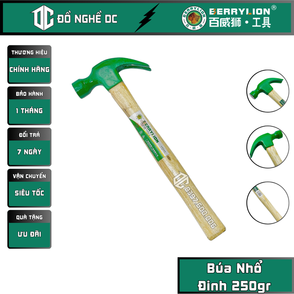 Búa nhổ đinh, búa đóng đinh cán gỗ nhỏ 250gr 0.25kg 051206025 berrylion, đầu búa: thép cao cấp, cán: gỗ cao cấp, dùng để nhổ đinh, tán đinh trên mọi bề mặt chất liệu