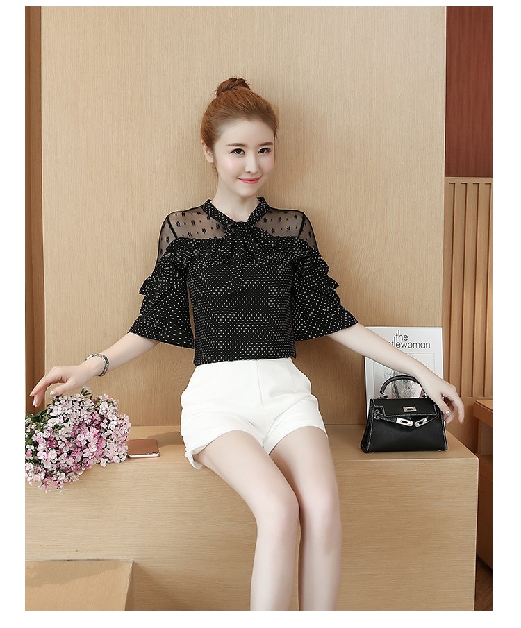Sơ mi chấm bi cổ nơ phối lưới - SM050