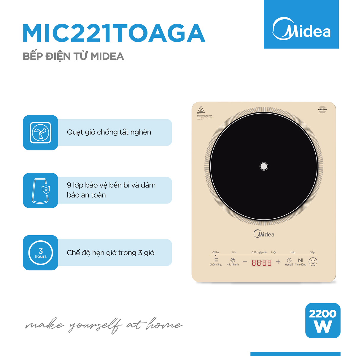 Bếp từ Midea MIC221T0AGA (Công suất 2200W, Có Chế Độ Sôi Liu Riu)