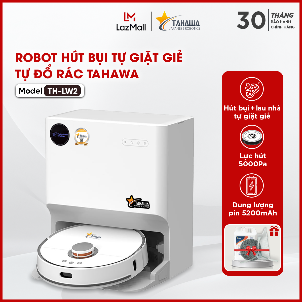 Robot hút bụi lau thông minh tahawa th-lw2 - lực hút 5000pa - tự động đổ rác, tự động giặt giẻ. thời gian hoạt động: 200 phút - hàng nhập khẩu nhật bản - bảo hành chính hãng 30 tháng, 1 đổi 1 trong 30 ngày
