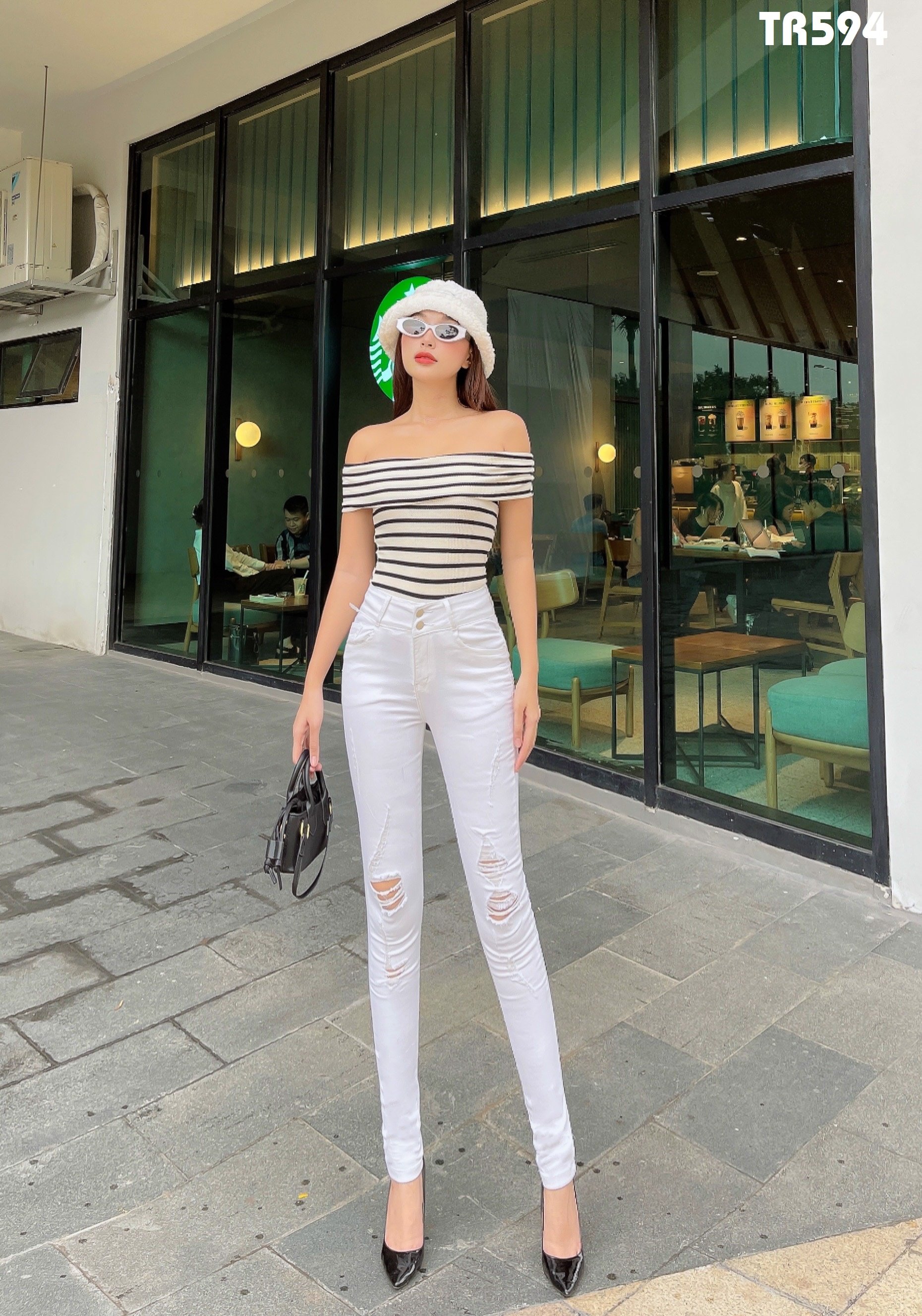 Quần Jeans Nữ Trắng Rách Lưng Cao Co Giãn