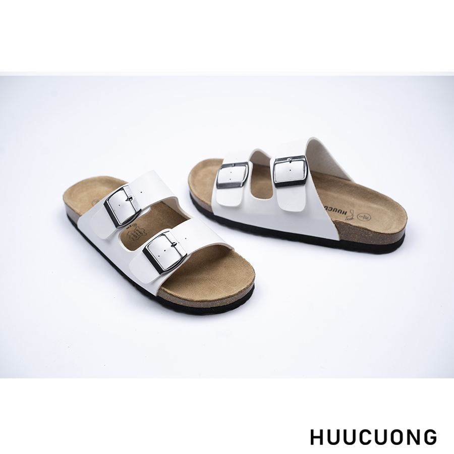 Dép đế trấu nữ 2 khóa da pu trắng