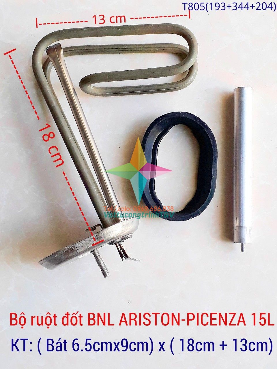 Bộ ruột đốt Bình nóng lạnh ARISTON 15L bát 6,5cm x 18cm+13cm + Zoăng + Thanh magie 3mm