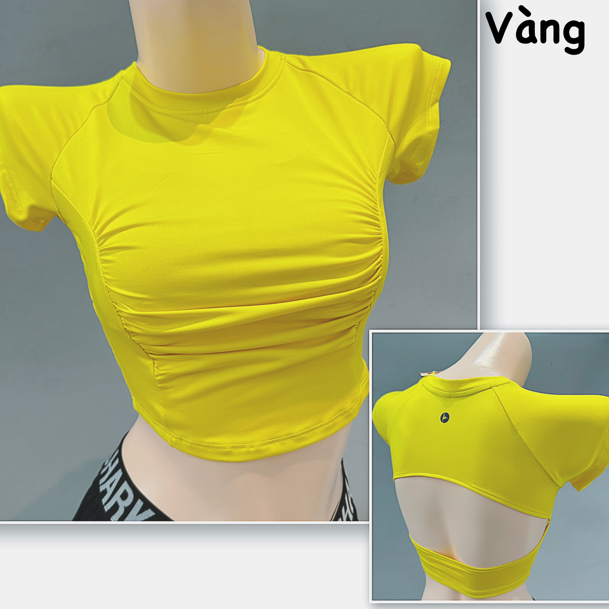 Áo croptop tập gym nữ tay ngắn nhún, lưng cut out xinh xắn
