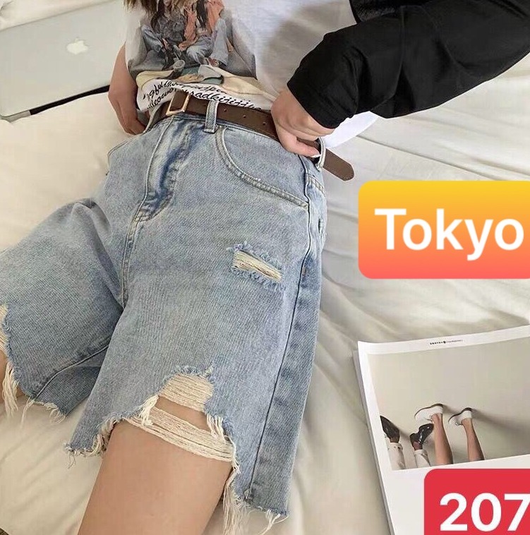 QUẦN SHORT SỌT JEAN LỬNG KIỂU NGỐ NỮ CHẤT BÒ XANH WASH RÁCH NÚI FUSI LƯNG CAO NÂNG MÔNG DB-207 - TOKYO FASHION