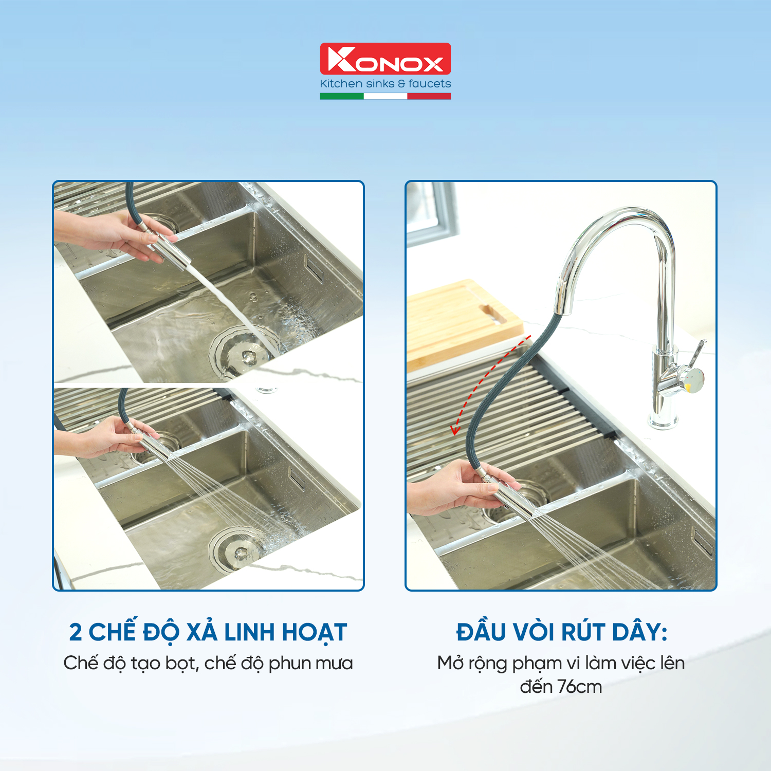 Vòi rửa bát dây rút Konox Ponte Chrome