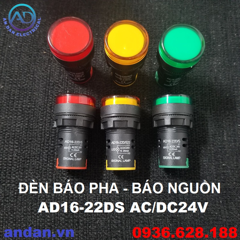 Đèn báo nguồn LED phi 22 AD16-22DS (Đỏ, Vàng, Xanh), Đèn báo pha