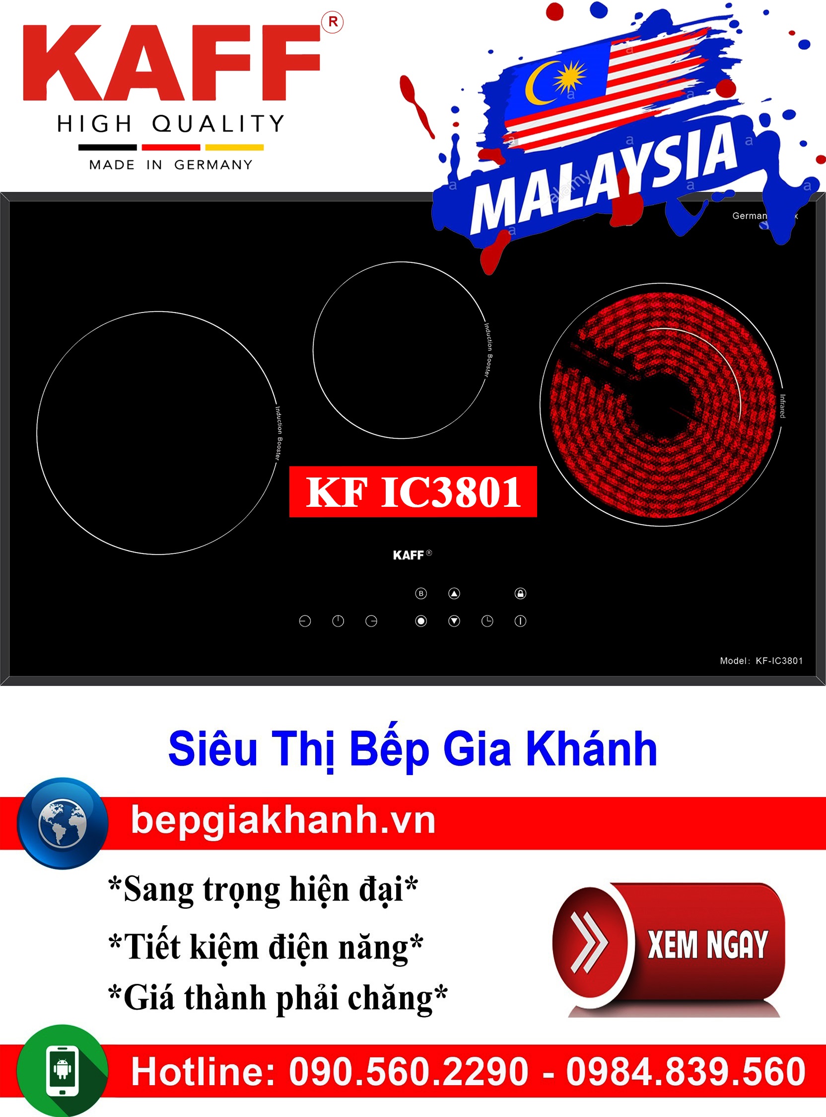 HCMBếp từ kết hợp hồng ngoại Kaff KF IC3801 nhập khẩu Malaysia bếp điện từ