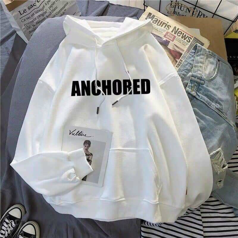 Áo hoodie nam nữ form áo rộng tròng đầu, mũ rộng có dây rút che nắng, ấm áp, in chữ ANCHORED phong cách cá tính, thời trang thu đông