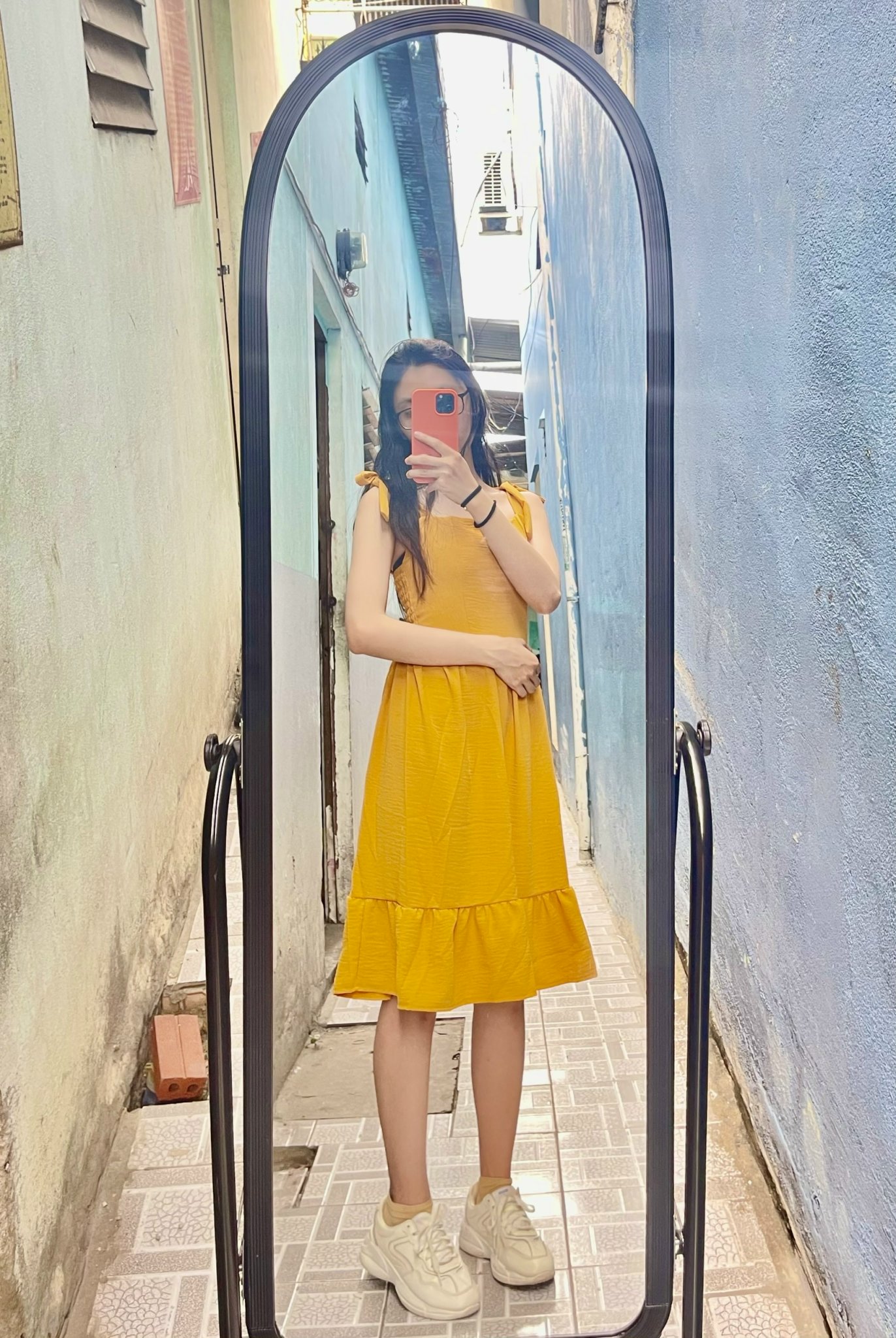 Đầm đũi 2 dây cột nơ dáng dài suông bo thun lưng, đầm nữ dài cột nơ vai