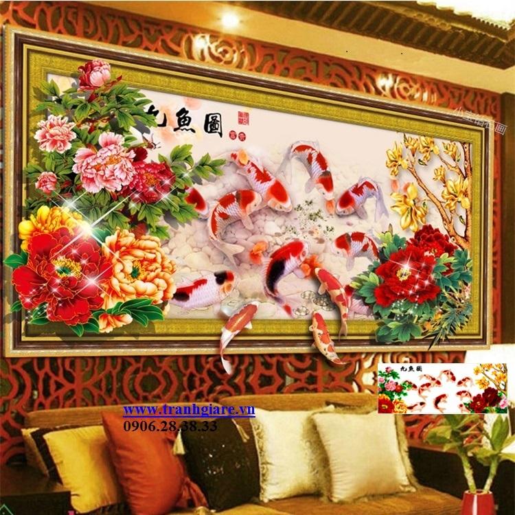 Tranh đính đá Cửu ngư quần hội 201x85cm