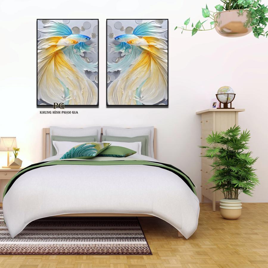 Bộ 2 tranh canvas Cá may mắn kt 40x60cm kèm Khung Viền 3D Nổi Bật - Khung Hình Phạm Gia PGV490