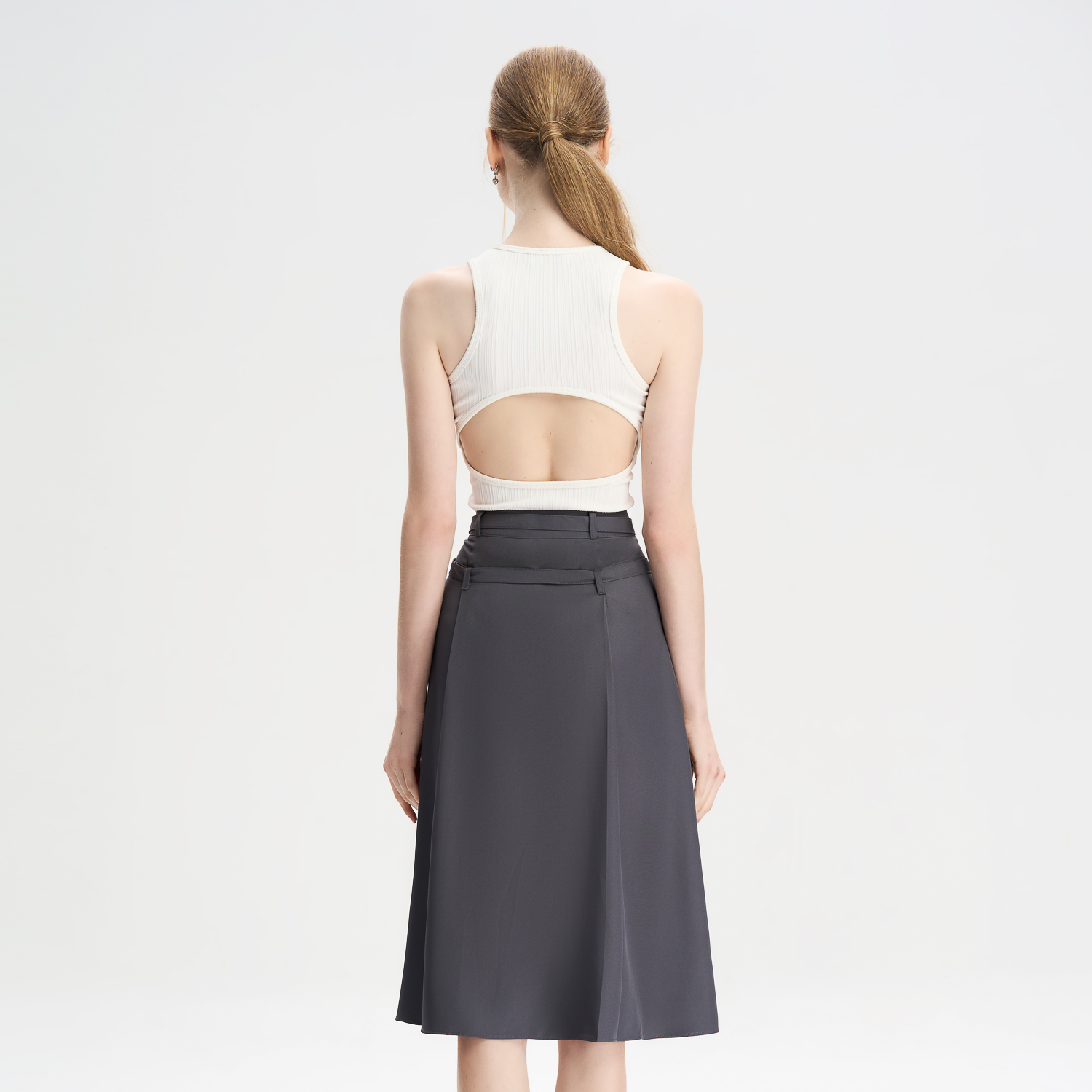Chân váy midi xòe cotton lạnh dây lưng kiểu Maybi
