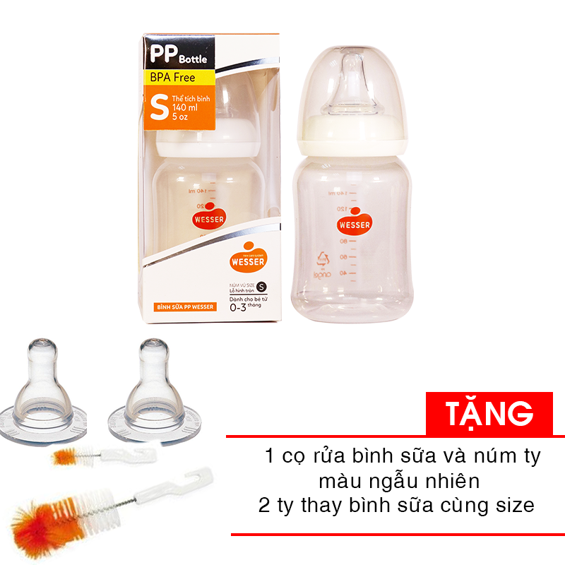 Combo Bình sữa Wesser Nano Silver cổ thường 140ml + 1 cọ rửa bình sữa và núm ty tặng 2 ty binh sua cùng size
