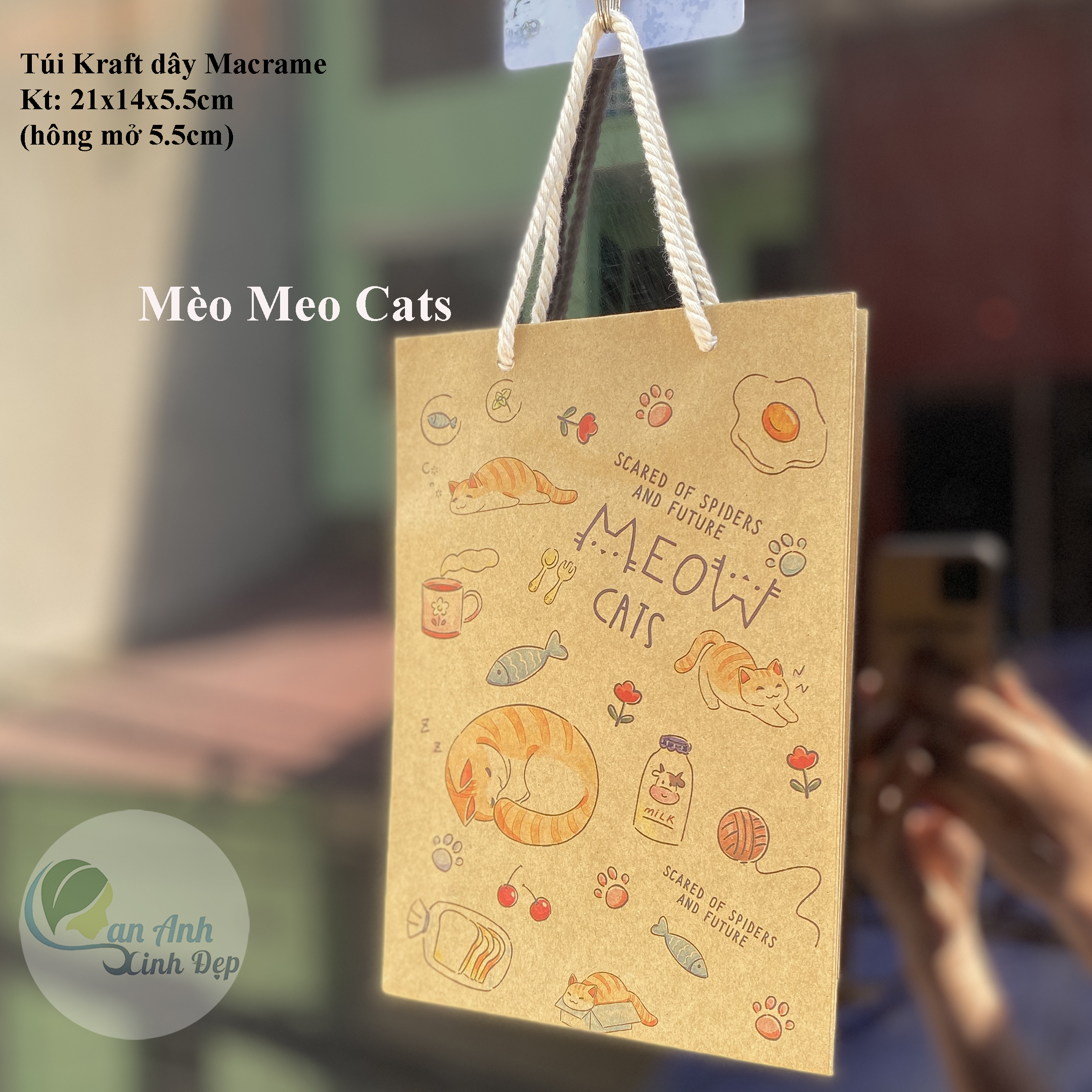 Handmade paper bag cute 21x14x5.5cm straps rope macrame - shop Lan Anh