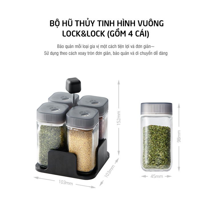 Set 4 hũ thủy tinh đựng gia vị lock&lock llg696