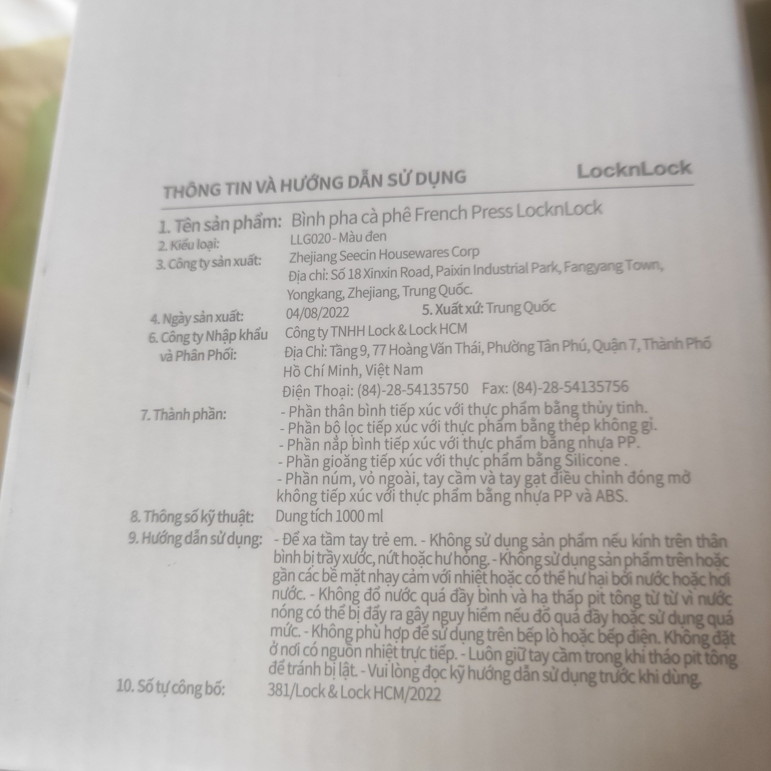 Bình Pha Trà, Cà Phê LocknLock French Press LLG020 Dung Tích 1L