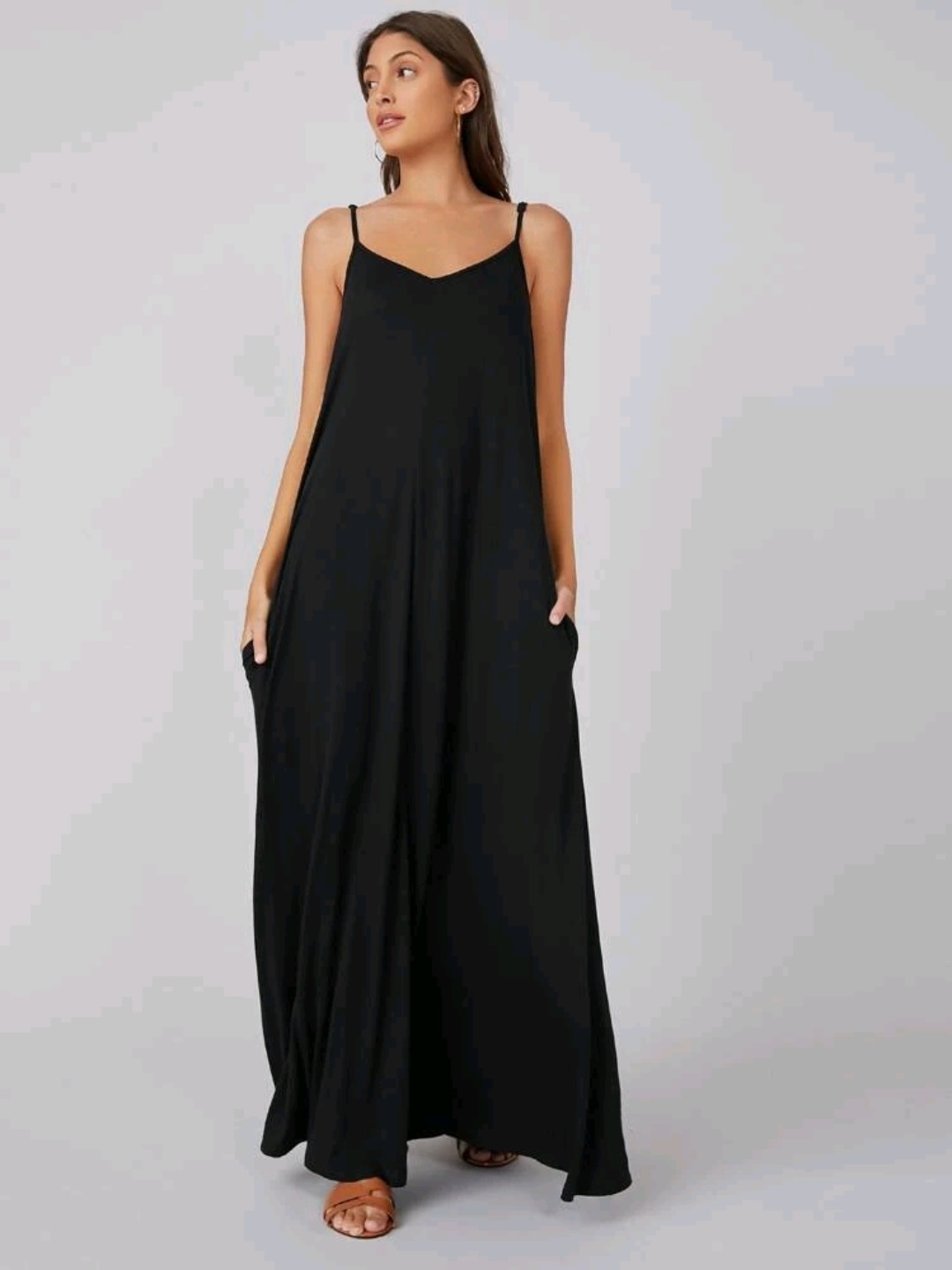 [HÀNG MỸ] Đầm dây maxi TAHARI linen cổ V đen