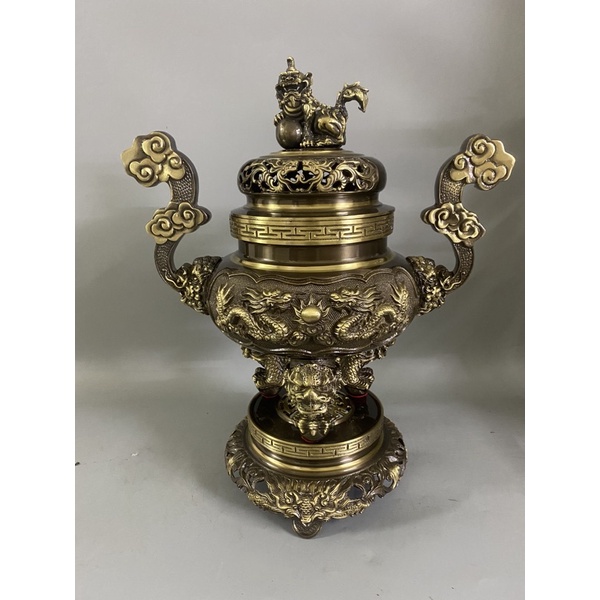 Bộ đỉnh thờ lư thờ cao 50cm bằng đồng nguyên chất tam sự ngũ sự đỉnh hạc nến bằng đồng màu giả cổ. Bộ đồ thờ bằng đồng.