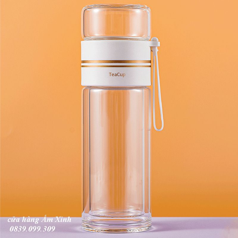 Bình giữ nhiệt, bình thủy tinh pha trà 2 lớp có lõi lọc inox 304 dung tích 450ml