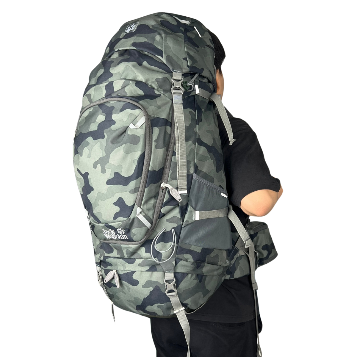 Balo leo núi du lịch jack wolfskin 55l có đai trợ lực kèm áo mưa ngăn chính lớn đại lưng có thể điều chỉnh