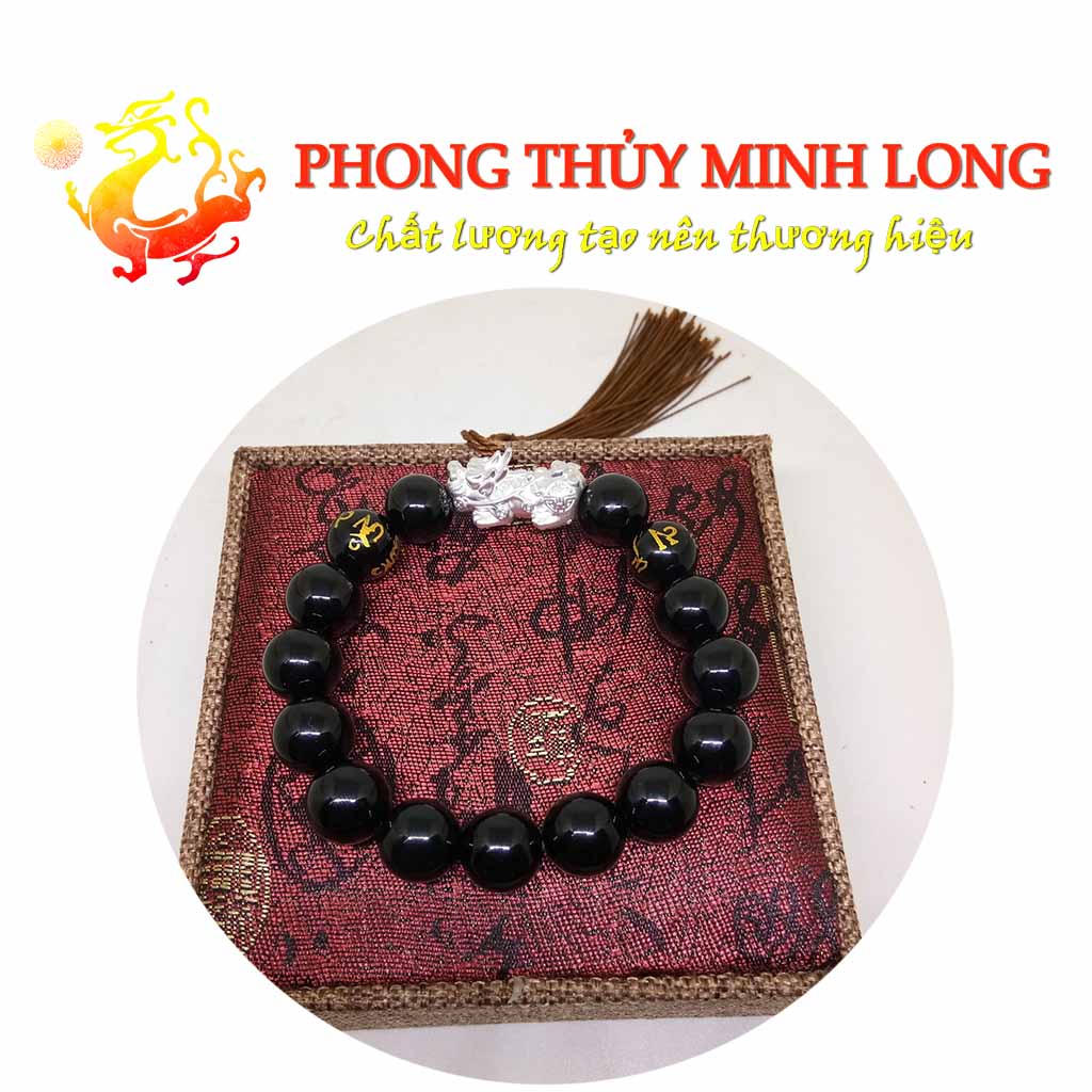 Vòng tay đá Mã Não Đen chất lượng 3A khắc kinh phật mix tỳ hưu bằng bạc cao cấp hợp với người mệnh Thủy và Mộc