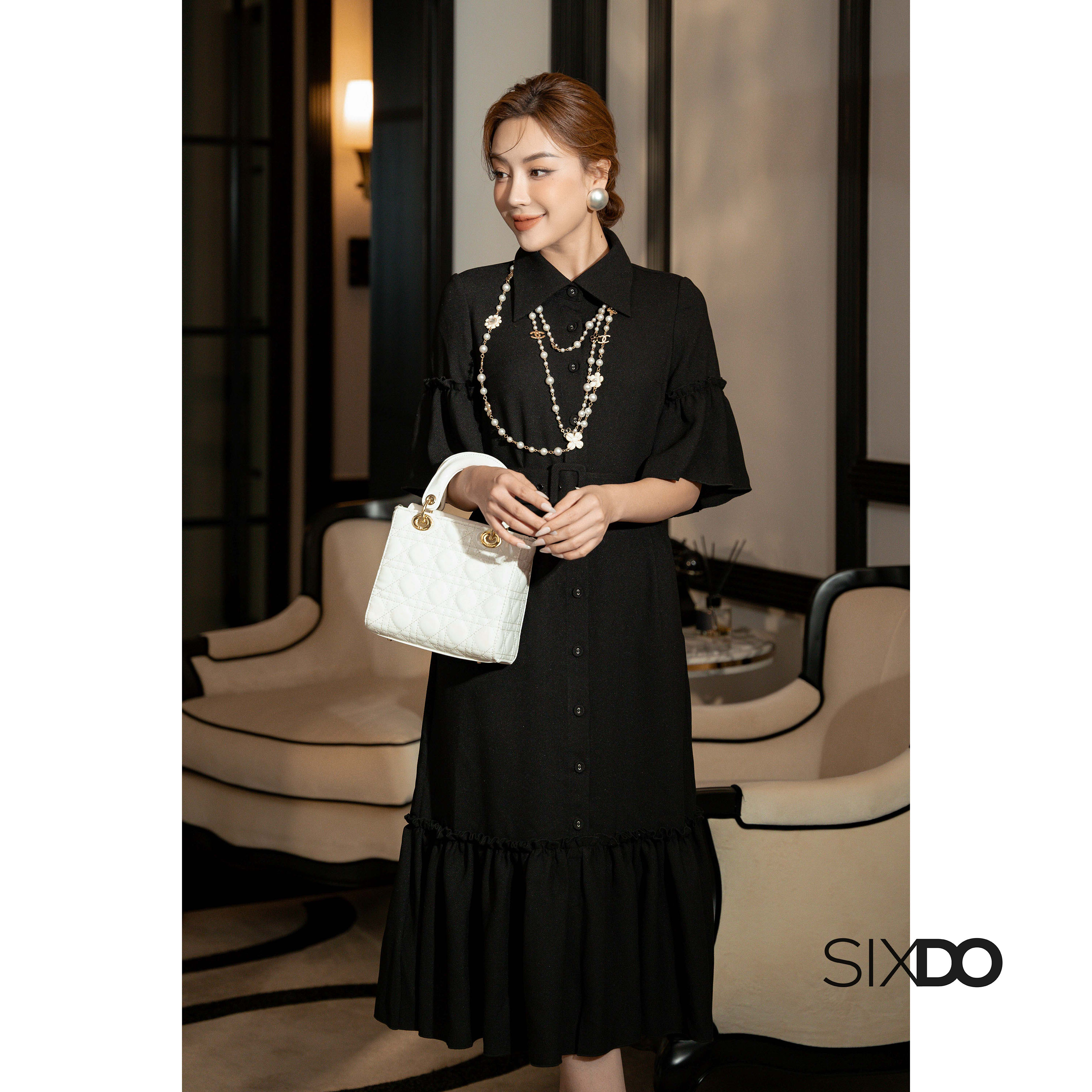 Đầm sơ mi tay bèo kèm thắt lưng thời trang SIXDO (Black Flute Sleeves Midi Woven Dress)