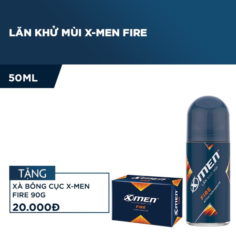 X Men - Lăn khử mùi X-men Fire 50ml (Tặng Xà bông cục X-Men Fire 90g) - Giá Sỉ cao cấp