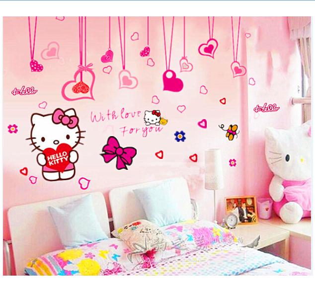 HCM-BỘ COMBO DECAL GHÉP ĐÔI TRANG TRÍ - Mèo Hồng kết hợp Rèm dây trái tim Hồng ( 2 TẤM )