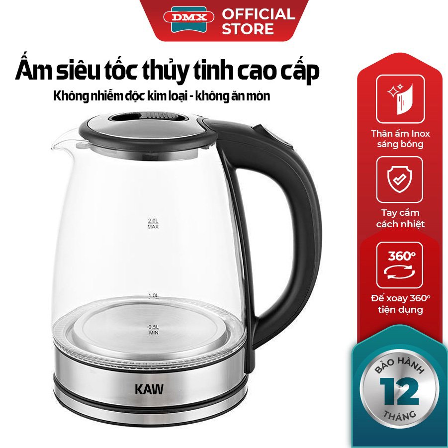 Ấm đun siêu tốc thủy tinh, cách nhiệt, trang nhã, an toàn, ấm đun nước điện gia dụng công suất lớn- Ấm siêu tốc, bình đun nước siêu tốc trong suốt KAW 1500W dung tích 2L