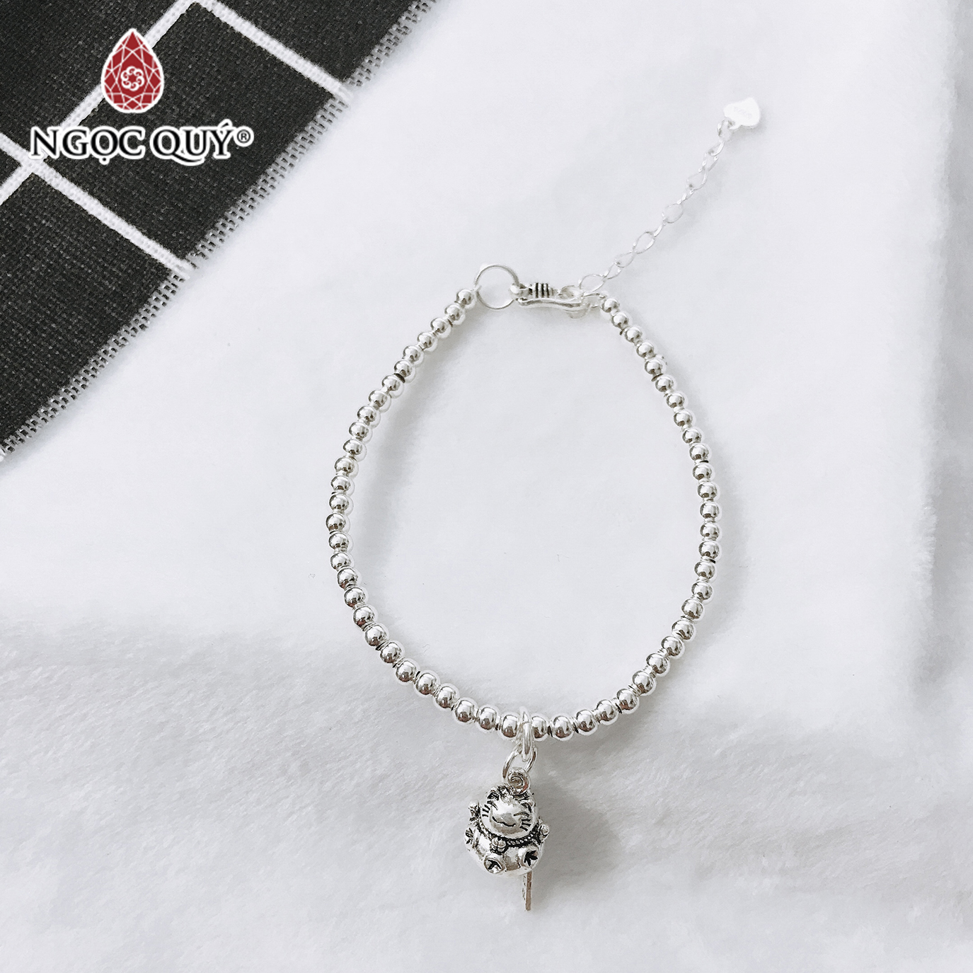 Lắc bi bạc 3mm mèo may mắn - Ngọc Quý Gemstones