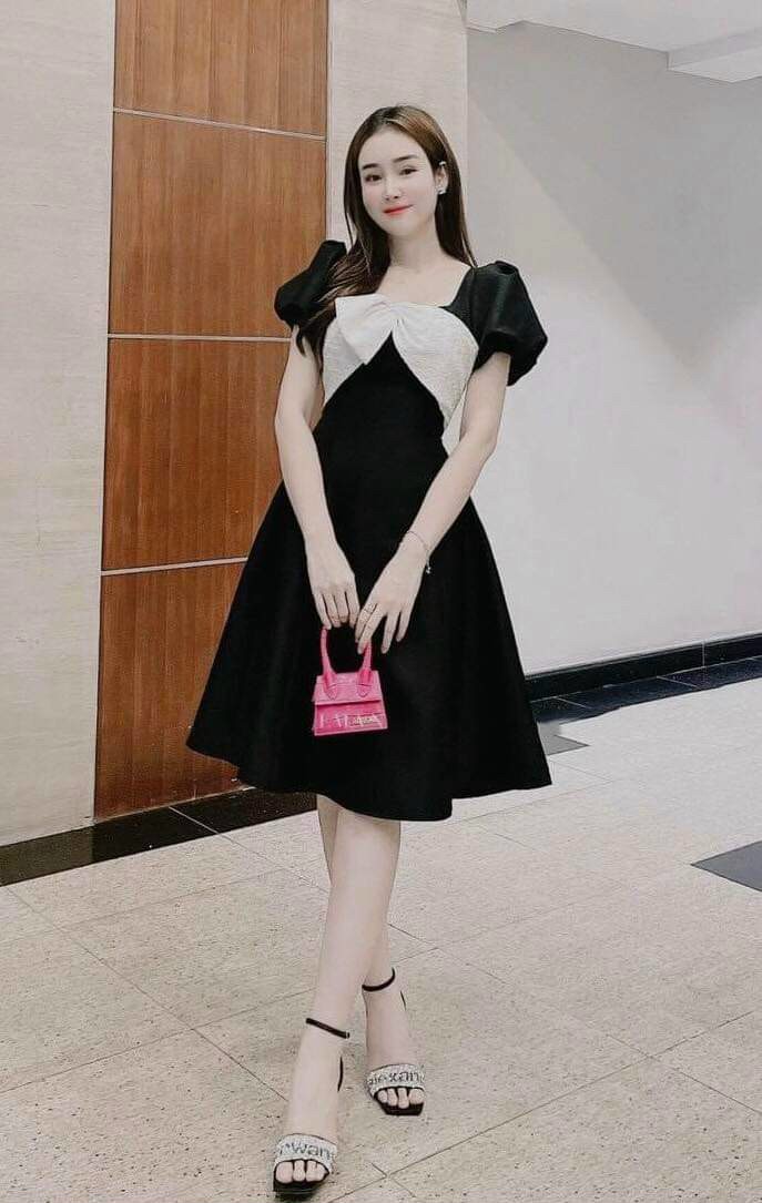 Đầm Xòe Phối Trắng Đen