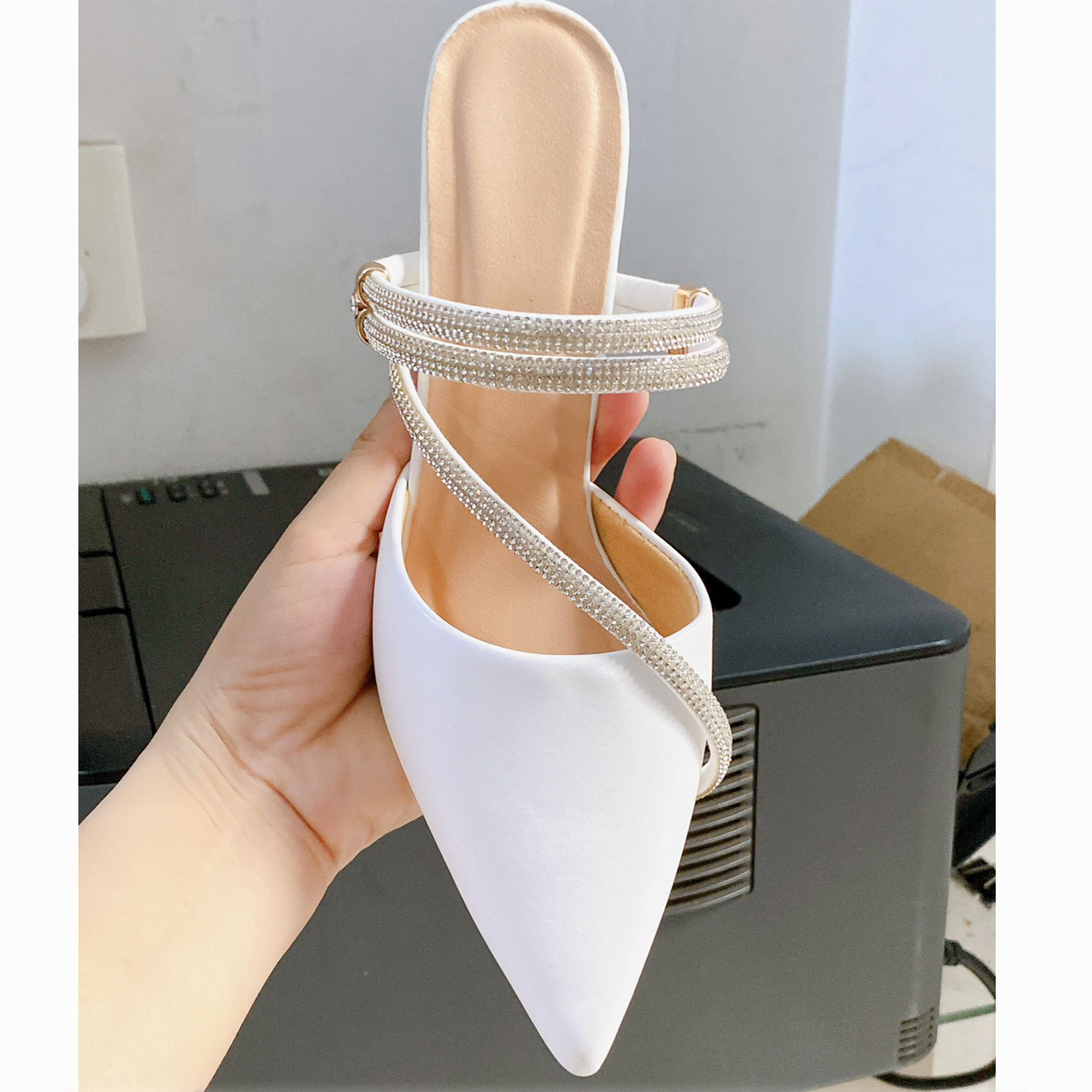 Giày cao gót nữ giày sục dây đá gót vuông 7 phân