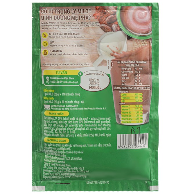 Milo dây sữa 3in1 dạng bột 22g  (10 gói x22g)- DATE mới