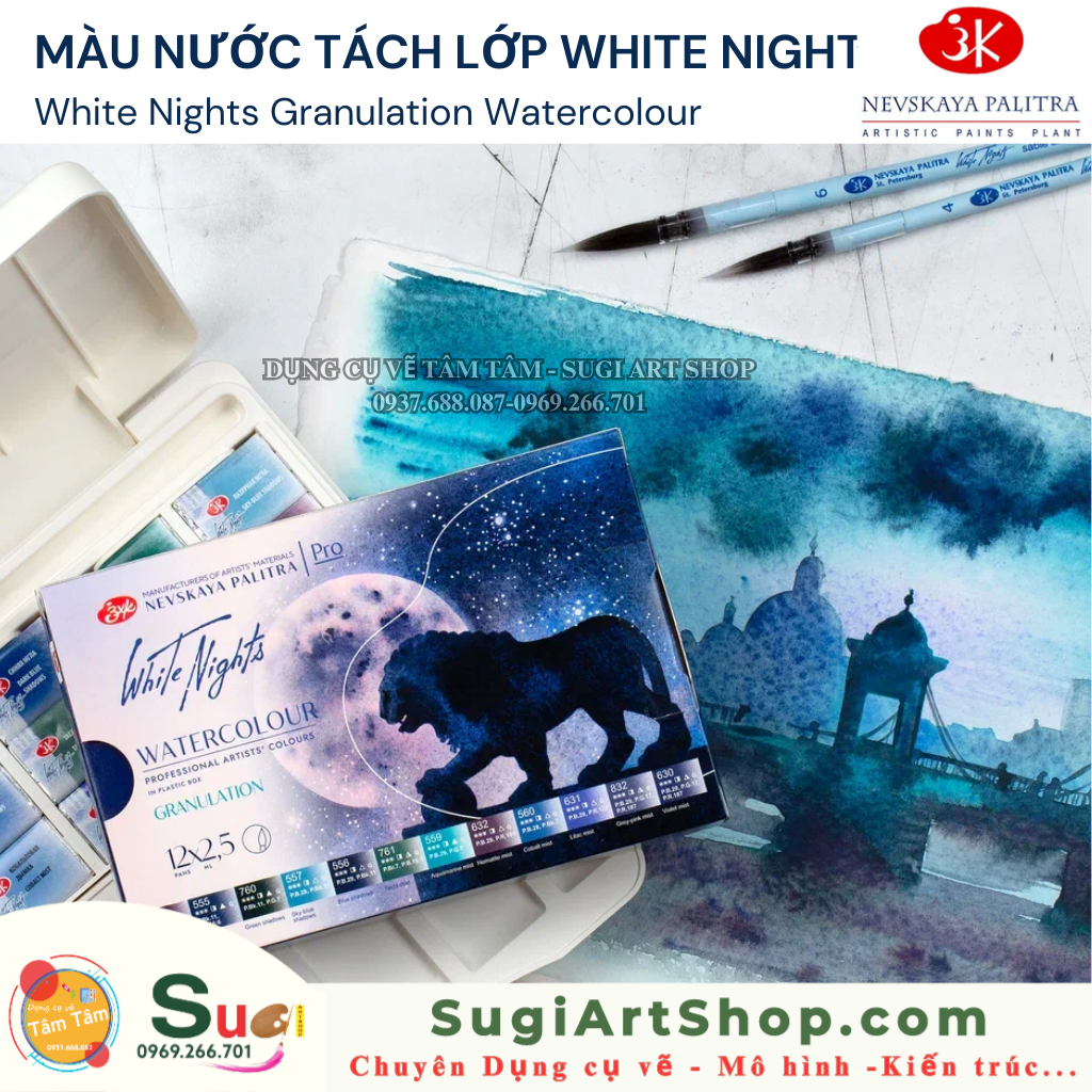 Màu Nước Tách Lớp White Nights - Hộp 12 màu x pan 2.5ml - White Nights Granulation Watercolour