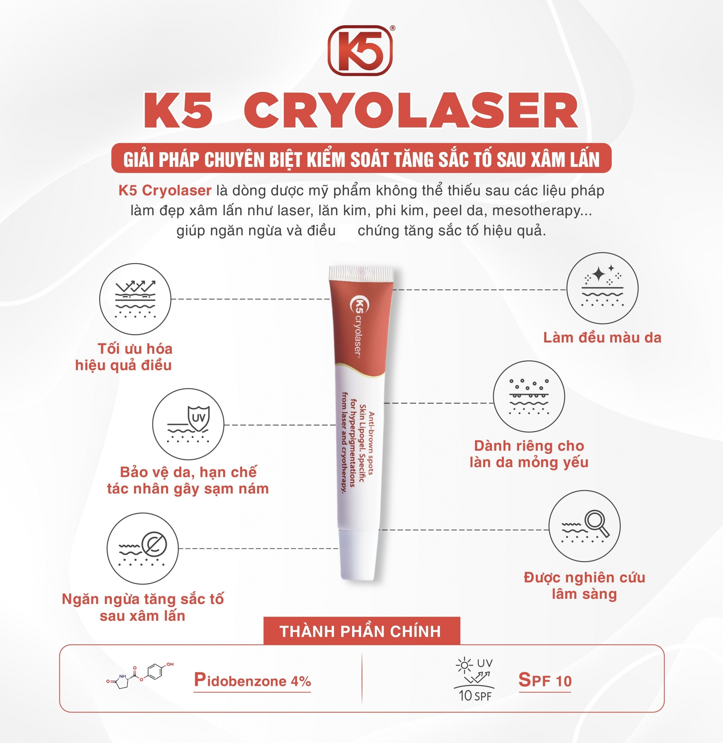HÀNG NHẬP KHẨU - Kem Giảm Nám K5 Lipogel/K5 Cryolaser, Giảm Sạm, Tàn Nhang, Nám Mảng, Nám Chân Sâu, Nám Sau Sinh, Ngăn Tăng Sắc Tố Nám Sau Laser - Hoạt Chất Độc Quyền Pidobenzone - DuocmyphamDrAn