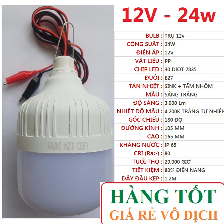 Bóng đèn led 12v - đủ 24w đuôi e27 hoặc dây kẹp